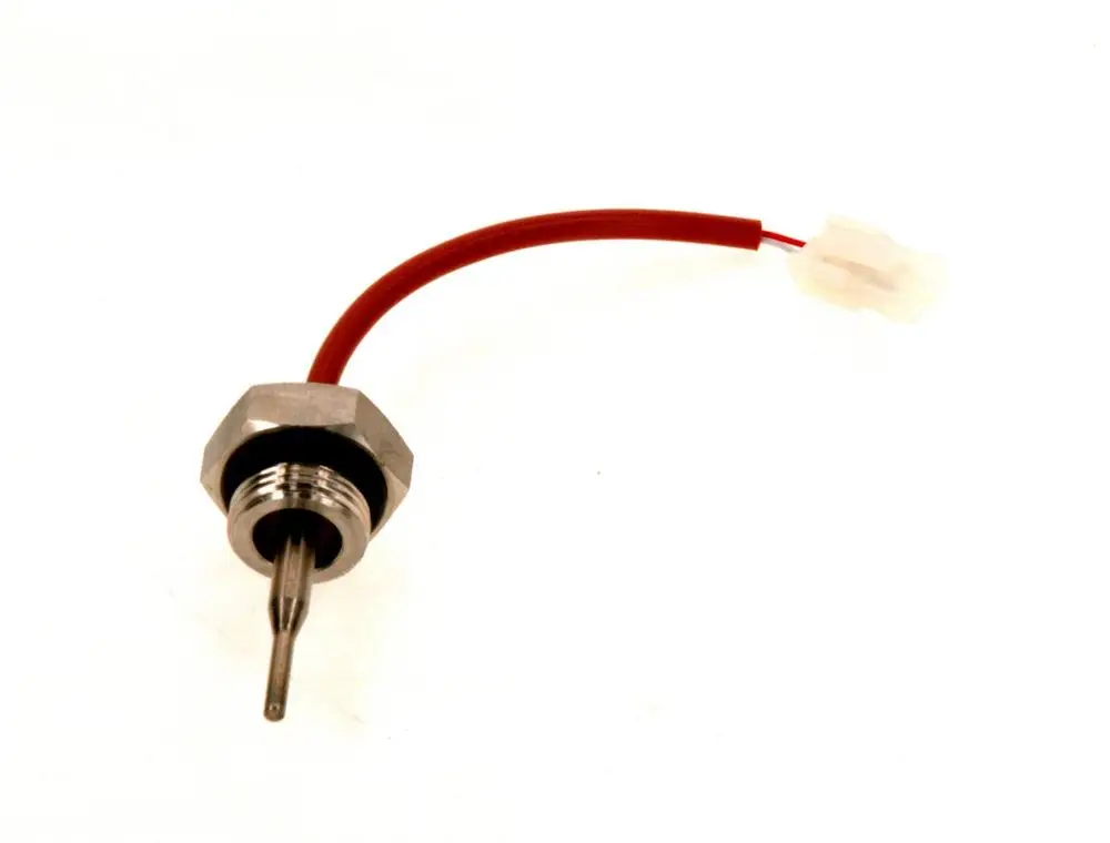 Bosch Fühler mit metallischem Gehäuse und einer Verbindung mit rotem Kabel. Es hat einen länglichen Sensor mit einem Stecker am Ende.